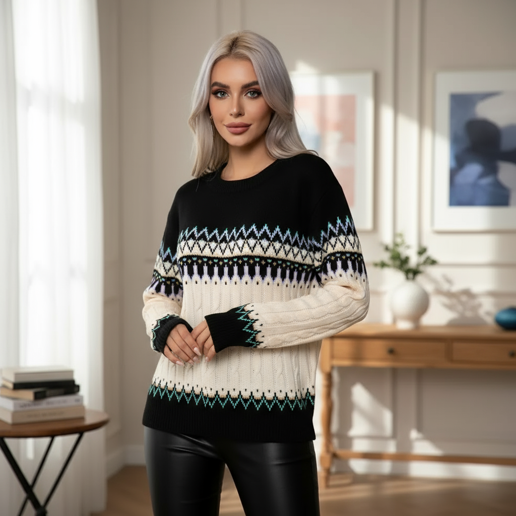 Samira Sweter Damski – Elegancki Norweski Sweter z Ciepłej Dzianiny z Geometrycznymi Wzorami