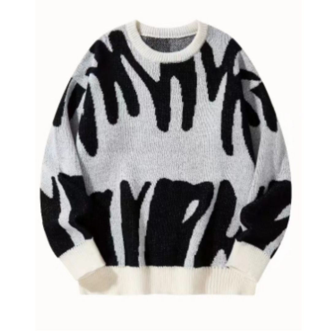 Monica Sweter Damski – Czarny i Biały Graficzny, Abstrakcyjny Wzór w Nowoczesnym Stylu