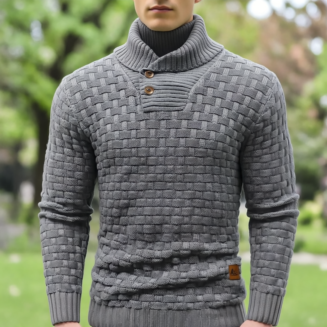 Aaron Sweter Męski ze Stójką – Gruba Dzianina, Ciepły & Elegancki z Drewnianymi Guzikami