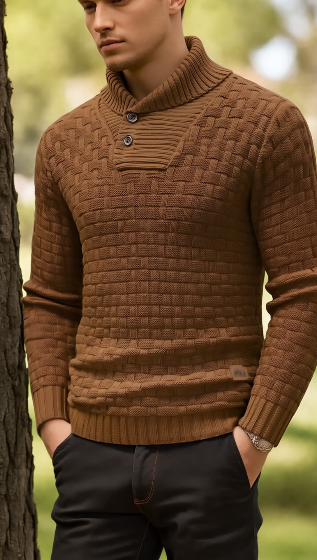 Aaron Sweter Męski ze Stójką – Gruba Dzianina, Ciepły & Elegancki z Drewnianymi Guzikami