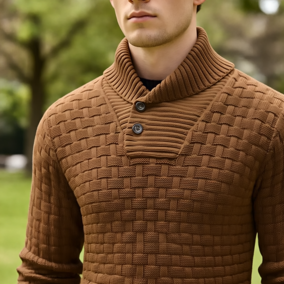 Aaron Sweter Męski ze Stójką – Gruba Dzianina, Ciepły & Elegancki z Drewnianymi Guzikami