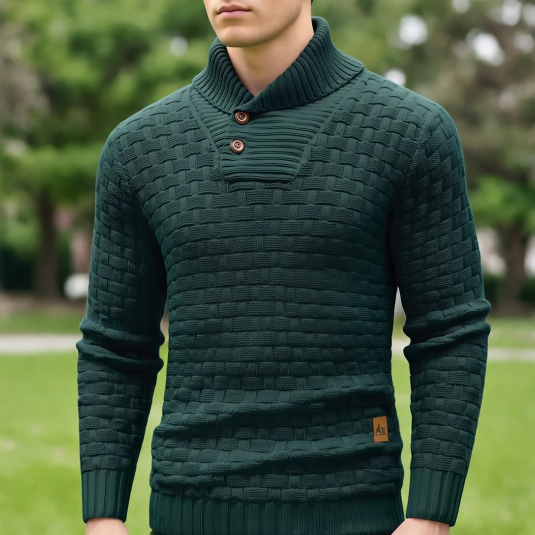 Aaron Sweter Męski ze Stójką – Gruba Dzianina, Ciepły & Elegancki z Drewnianymi Guzikami