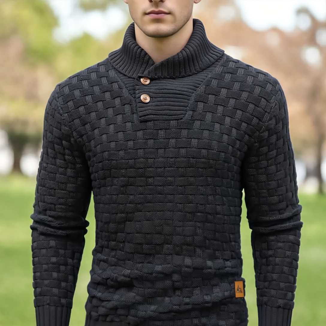 Aaron Sweter Męski ze Stójką – Gruba Dzianina, Ciepły & Elegancki z Drewnianymi Guzikami