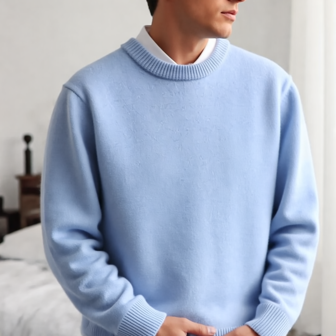 Richard Sweter Męski z Okrągłym Dekoltem – Elegancki Błękitny, Wygodny z Mieszanki Kaszmiru i Wełny