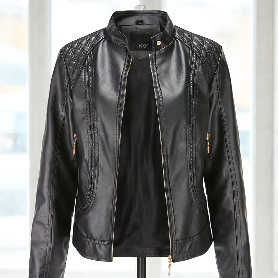 Janiyah Kurtka Damska ze Skóry – Szykowny wysoki kołnierz, zamki błyskawiczne & elegancki nowoczesny styl