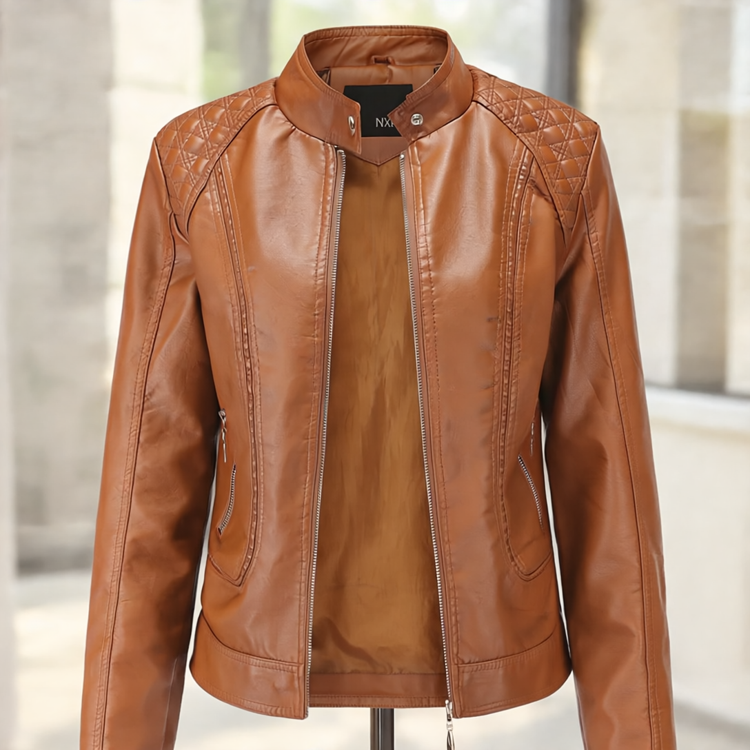 Janiyah Kurtka Damska ze Skóry – Szykowny wysoki kołnierz, zamki błyskawiczne & elegancki nowoczesny styl