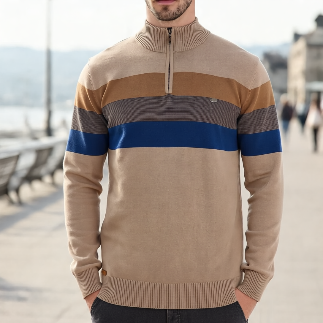 Liam Sweter Męski w Paski – Zamek przy Stójce, Ciepły i Wygodny z Mieszanki Wełny i Poliestru