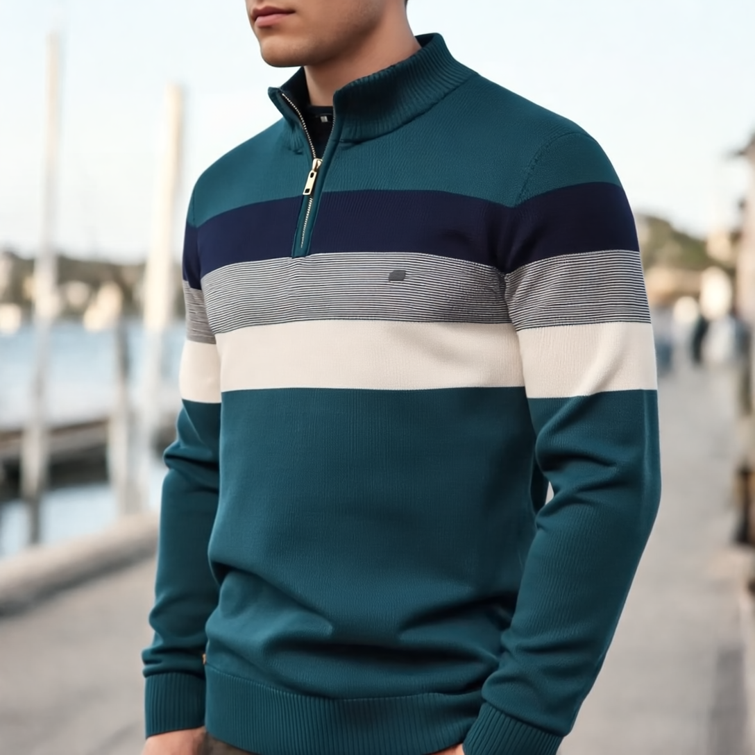 Liam Sweter Męski w Paski – Zamek przy Stójce, Ciepły i Wygodny z Mieszanki Wełny i Poliestru