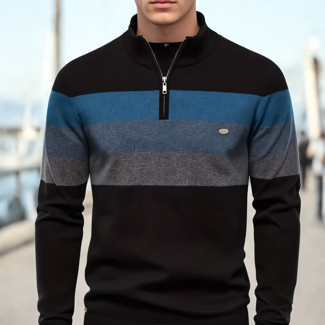 Liam Sweter Męski w Paski – Zamek przy Stójce, Ciepły i Wygodny z Mieszanki Wełny i Poliestru