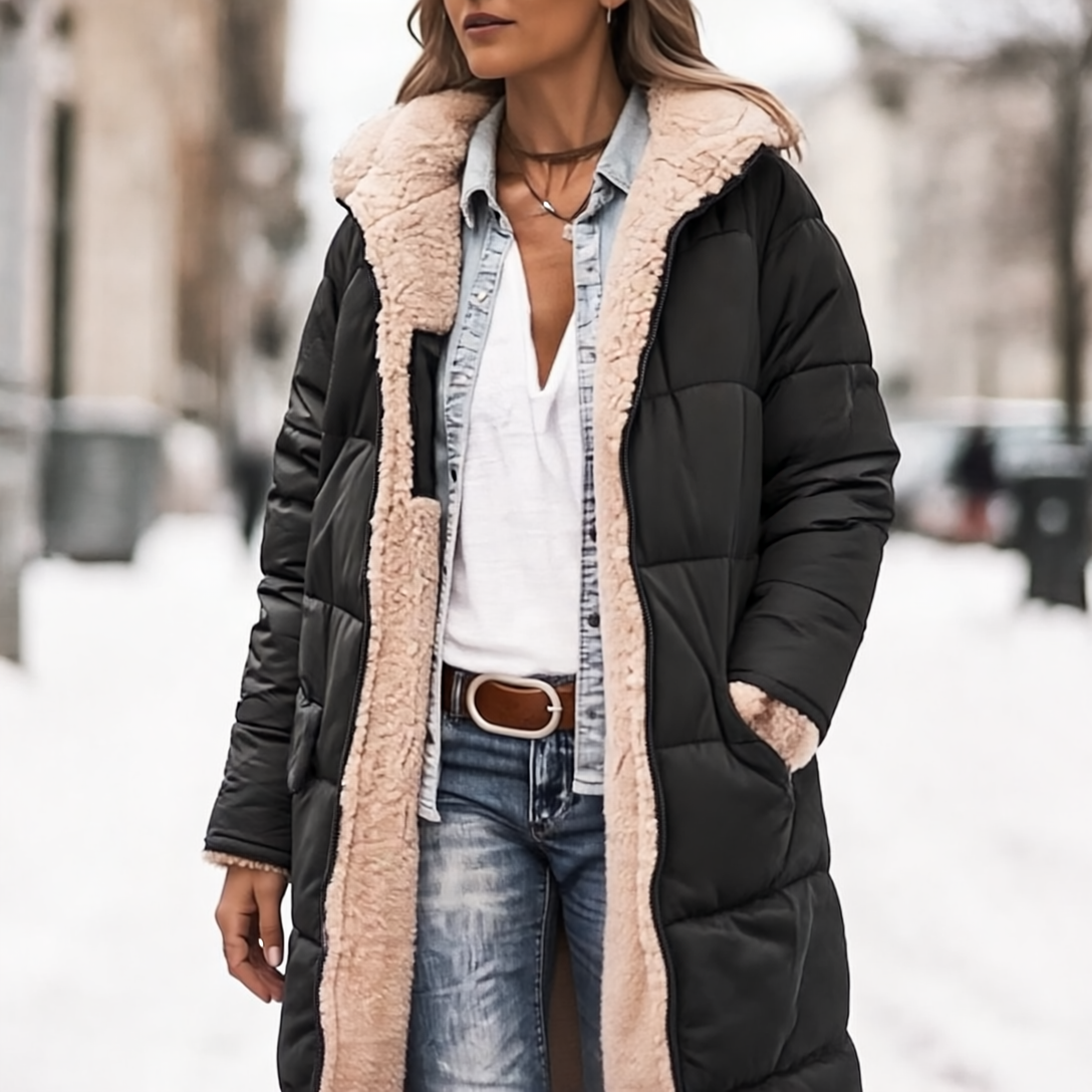 Rosalie Płaszcz Damski Zimowy – Długi Dwustronny Płaszcz z Polaru z Ciepłym i Eleganckim Kapturem