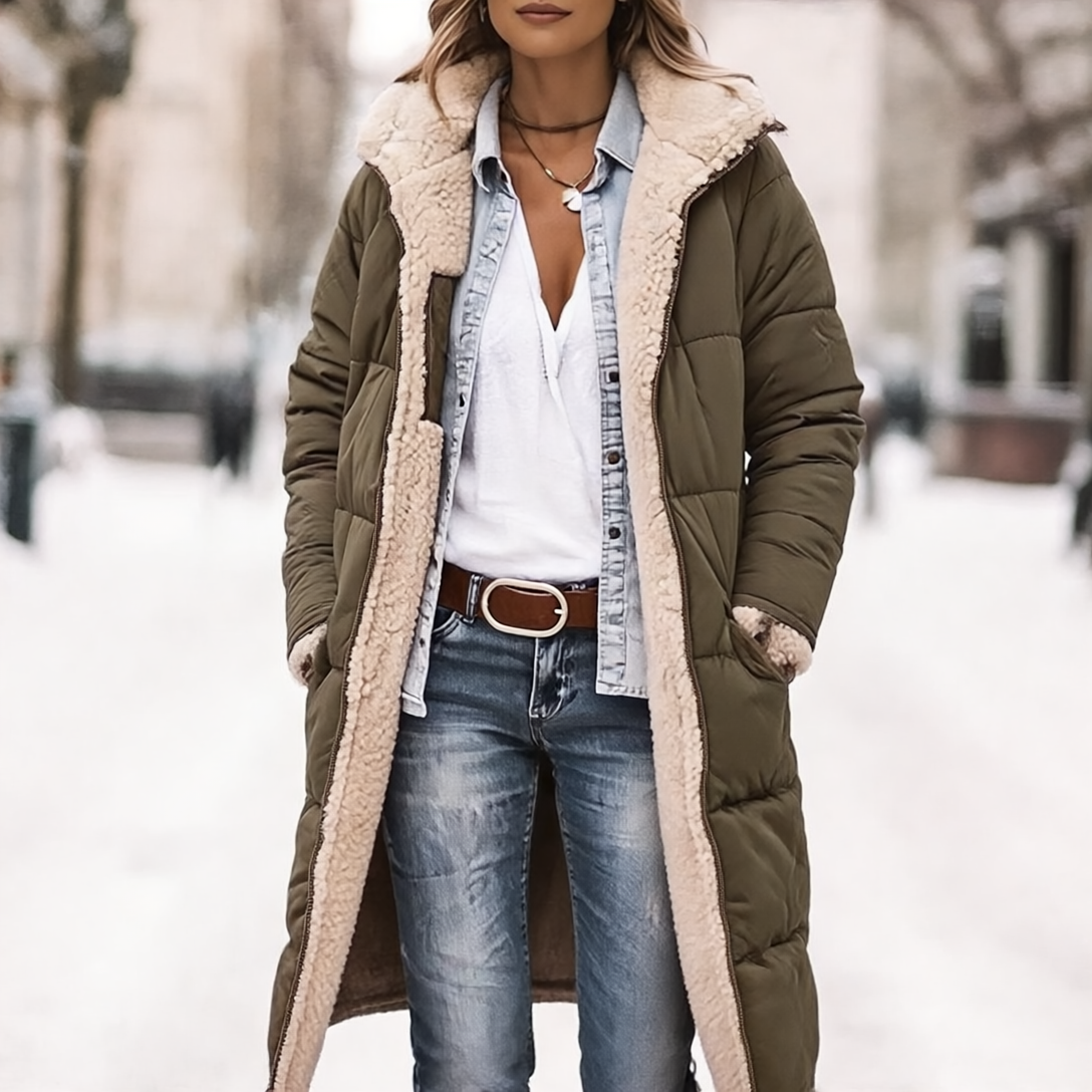 Rosalie Płaszcz Damski Zimowy – Długi Dwustronny Płaszcz z Polaru z Ciepłym i Eleganckim Kapturem