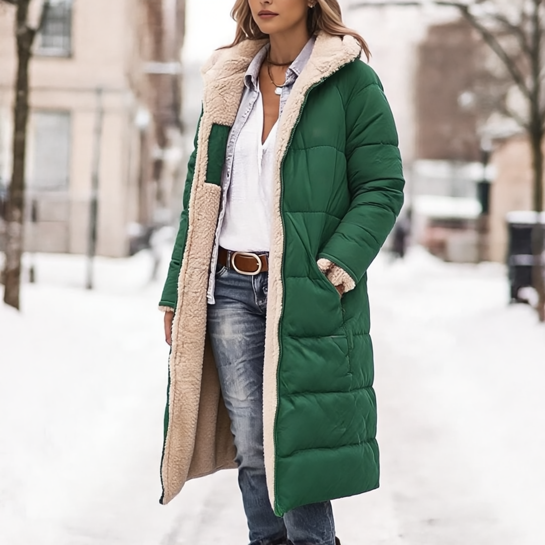 Rosalie Płaszcz Damski Zimowy – Długi Dwustronny Płaszcz z Polaru z Ciepłym i Eleganckim Kapturem