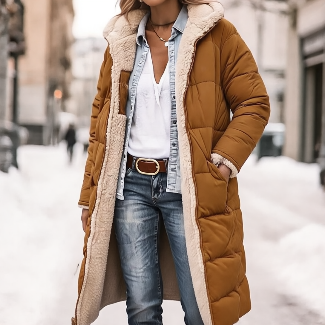 Rosalie Płaszcz Damski Zimowy – Długi Dwustronny Płaszcz z Polaru z Ciepłym i Eleganckim Kapturem